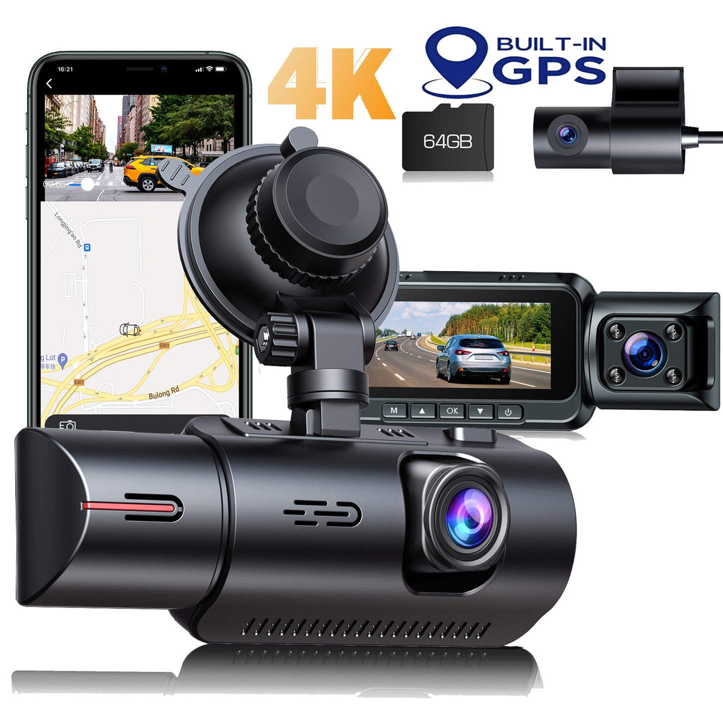 TOGUARD 3 Channel Dash Cam Front and Rear Insidewith 64GB U3 SD Card, 4K Car Camera Built-in WiFi GPS IR Night Vision Dash Camera with Loop Recording, G-Sensor,Parking Monitor