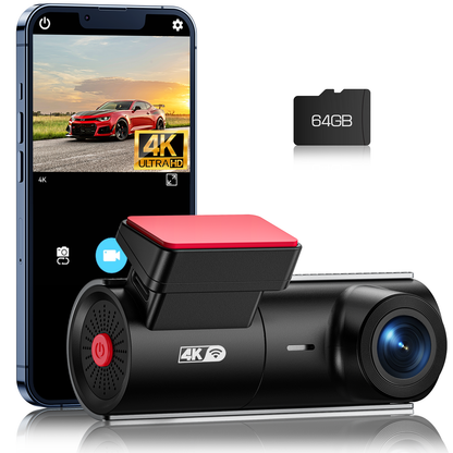 Dash Cam 4K, WiFi 2160P Dash Camera for Cars with 64GB SD Card, UHD Front Dashcam with APP, Car Camera with Voice Prompt, Super Night Vision, WDR, Loop Recording, G-Sensor, 24 Hours Parking Mode