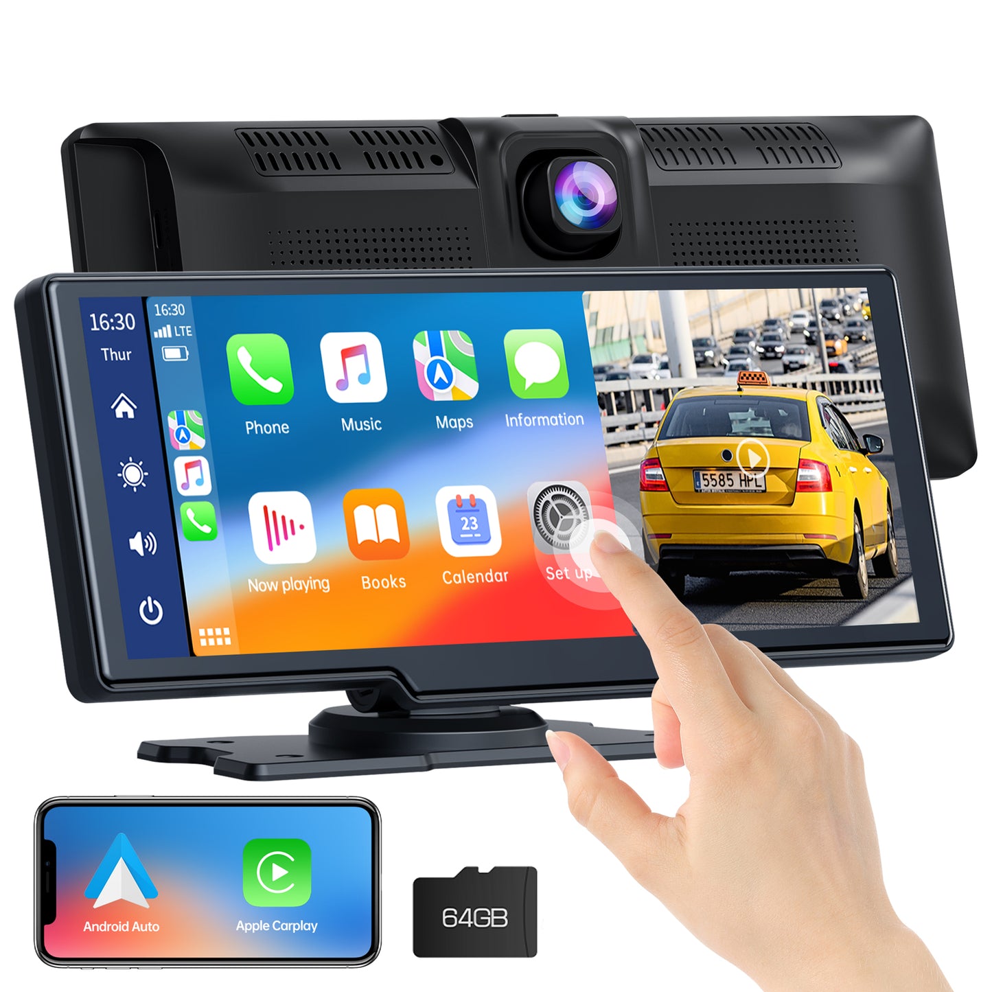 LAMTTO Wireless Apple Carplay Car Stereo with Front 2K Dash Cam, 9.26" Portable Car Play Screen Drive Play for Car, Car Radio Receiver with Android Auto, GPS Navigation, Bluetooth, AirPlay, FM