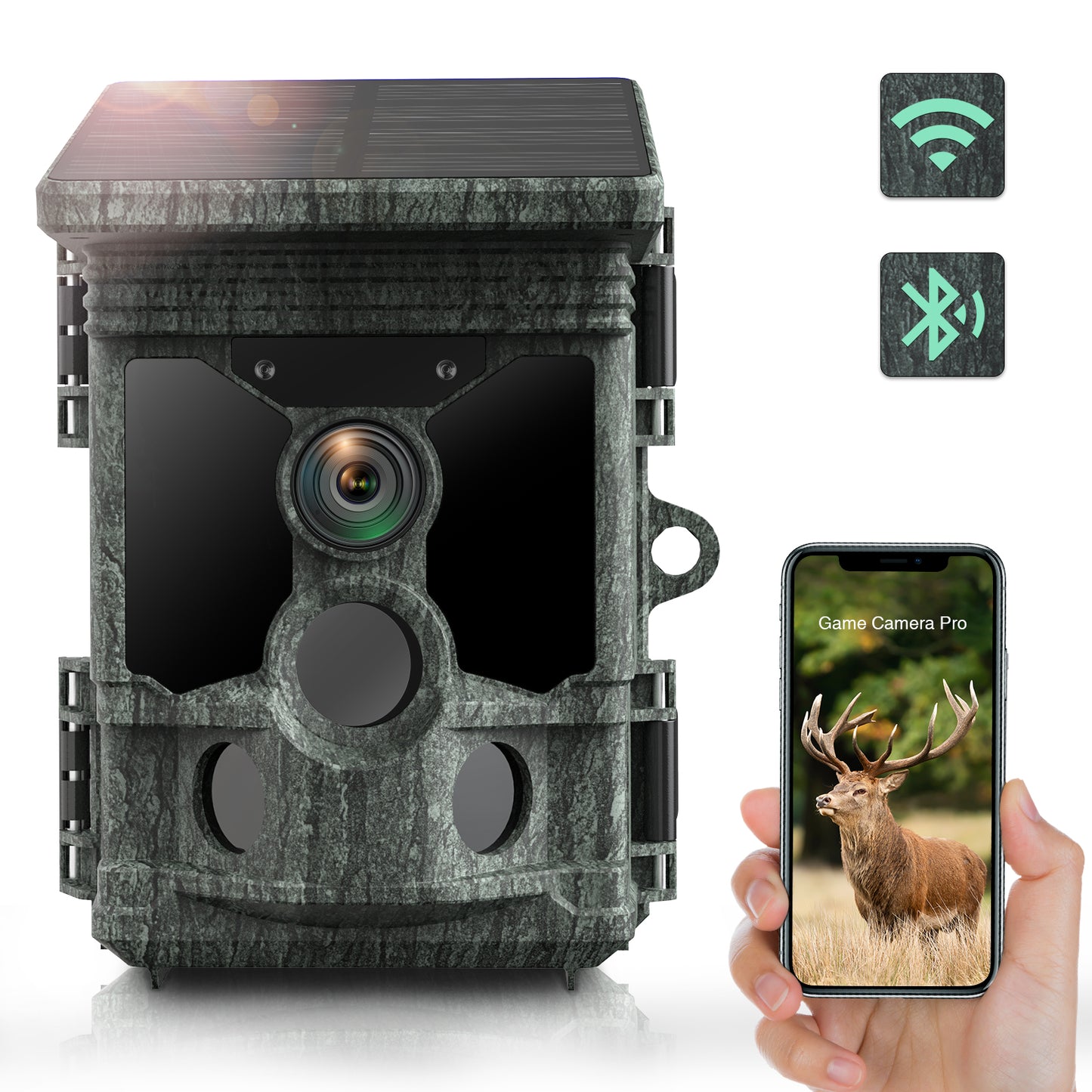 CAMPARK WiFi Trail Camera Solar Powered Native 4K 30fps 46MP Bluetooth Game Camera with Loop Recording 0.1s Motion Activated Night Vision Waterproof Hunting Trail Cam for Wildlife Monitoring