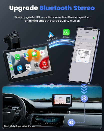 Lamtto Portable Wireless Car Stereo Apple Carplay with Airplay, 7" HD Touch Screen Android Auto for Cars, Car Radio Receiver with Bluetooth, FM, AUX, Voice Control, GPS Navigation for All Vehicles