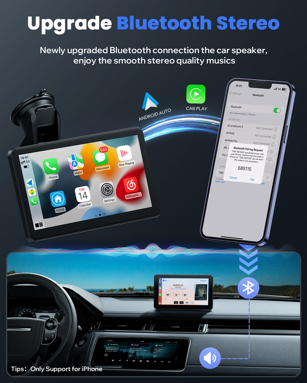 TOGUARD Portable Wireless Car Stereo Apple Carplay with Airplay, 7" HD Touch Screen Android Auto for Cars, Car Radio Receiver with Bluetooth, FM, AUX, Voice Control, GPS Navigation for All Vehicles