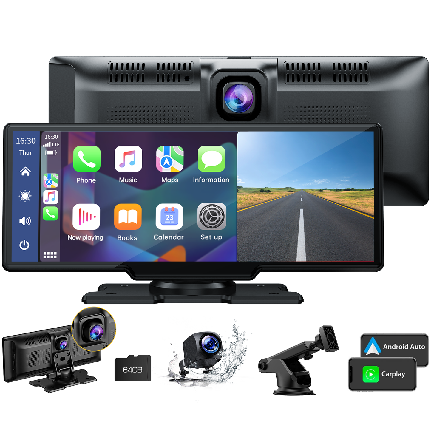 Lamtto 9.26" Wireless Car Stereo Apple Carplay with 2K Dash Cam, 1080P Backup Camera, Portable Touchscreen GPS Navigation for Car, Car Stereo Receiver with Bluetooth, AirPlay, AUX/FM, Googel, Siri