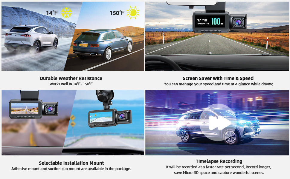 TOGUARD WiFi Dash Cam 4K Car Camera GPS Speed 3 Channel Dash Camera Front and Rear Inside 2K+1080P+2K IR Night Vision,170° Wide Angle,WDR,Emergency Lock, Parking Monitor