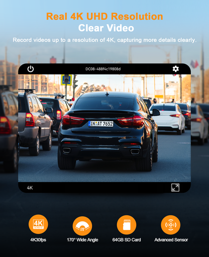 Dash Cam 4K, WiFi 2160P Dash Camera for Cars with 64GB SD Card, UHD Front Dashcam with APP, Car Camera with Voice Prompt, Super Night Vision, WDR, Loop Recording, G-Sensor, 24 Hours Parking Mode
