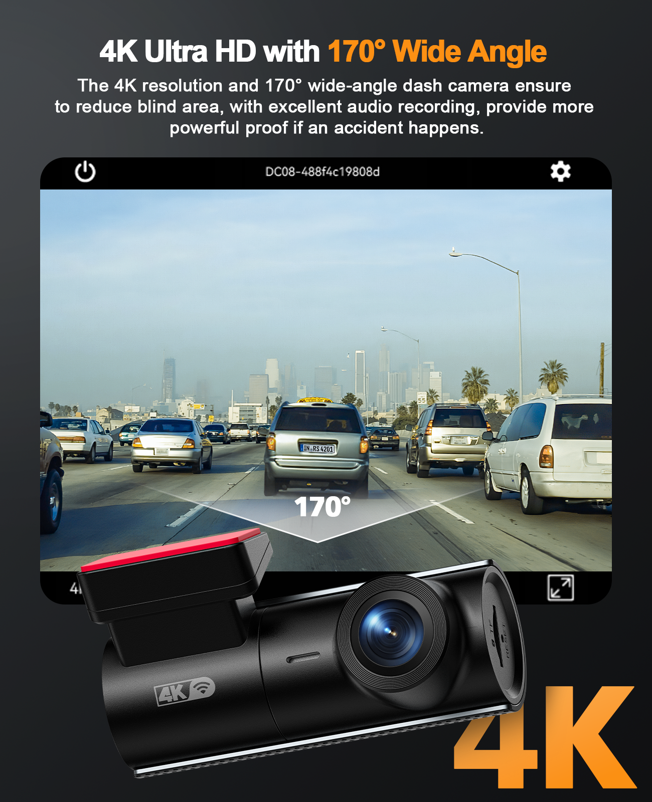 Dash Cam 4K, WiFi 2160P Dash Camera for Cars with 64GB SD Card, UHD Front Dashcam with APP, Car Camera with Voice Prompt, Super Night Vision, WDR, Loop Recording, G-Sensor, 24 Hours Parking Mode