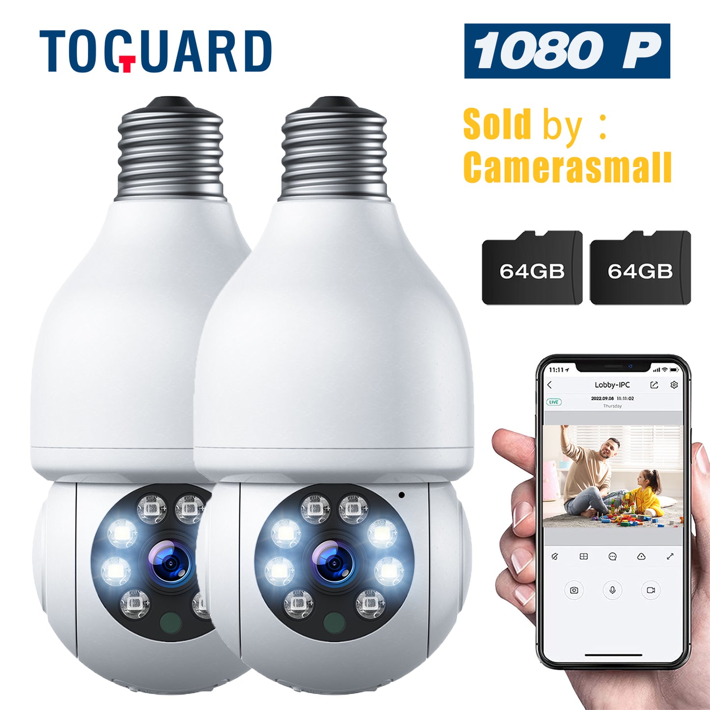 Toguard 2 PACKS SC16 Light Bulb Security Camera Outdoor Wireless WiFi Dome Surveillance Camera with Micro SD Card