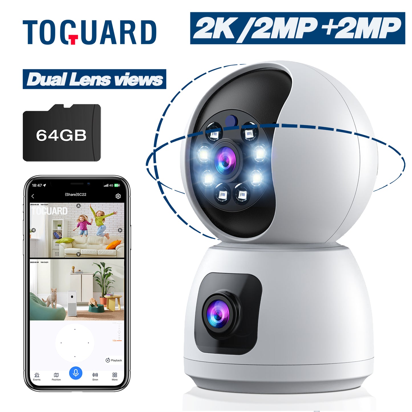 Toguard SC24 2K Dual Lens Wi-Fi Security Camera indoor Wireless Dome Surveillance Camera Pet Camera Baby Monitor