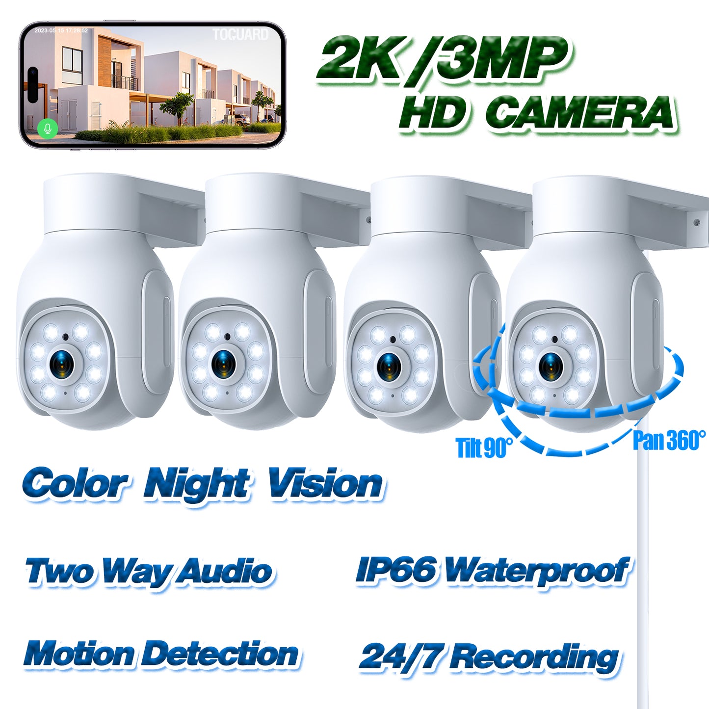 Toguard 4 Pack SC25 2K/3MP WiFi Security Camera Outdoor PTZ Dome Surveillance Camera