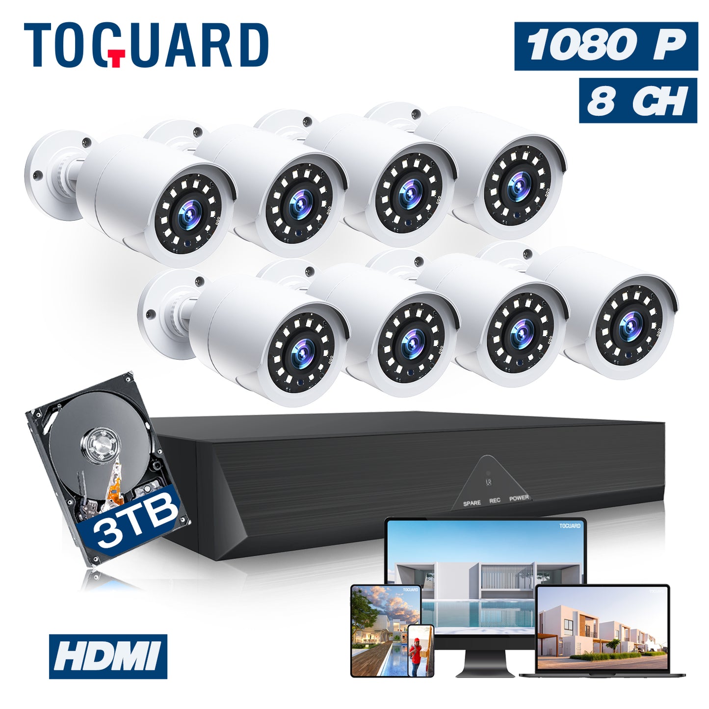 Toguard SC35 8CH CCTV Security Camera System Outdoor with 3TB Hard Drive 8pcs 1080P Bullet Surveillance Cameras HDMI Connector