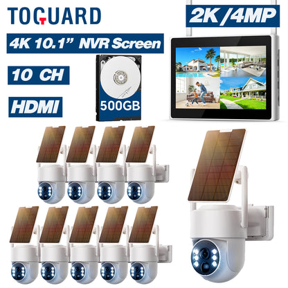 TOGUARD SC43 2K/4MP Solar Wireless Security Camera System with 10CH 10.1" NVR Monitor Outdoor Battery WiFi Dome Surveillance Camera HDMI Connector