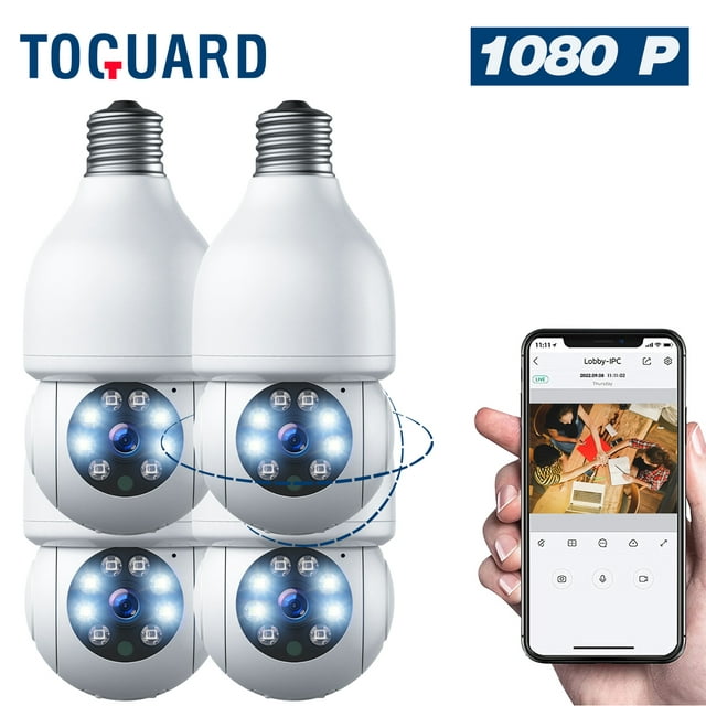 TOGUARD E27 Dome Light Bulb Camera 2.4G WiFi 1080P Security Camera Wireless Outdoor, Color Night Vision 2-Way Audio 360° IP Camera with Remote Access Motion Detection (4PCS)