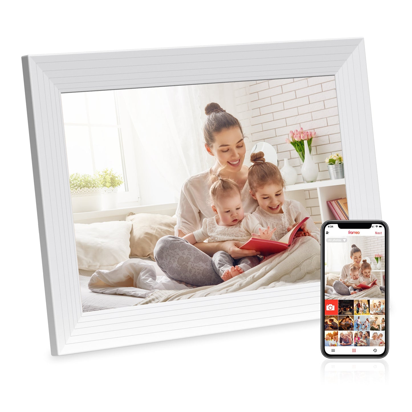 JEEMAK Digital Photo Frame 10.1" WiFi HD IPS Touch Screen Smart Photo Frame Easy Setup to Share Video Clips & Photos Wall Mountable Auto-Rotate White Stripe Color