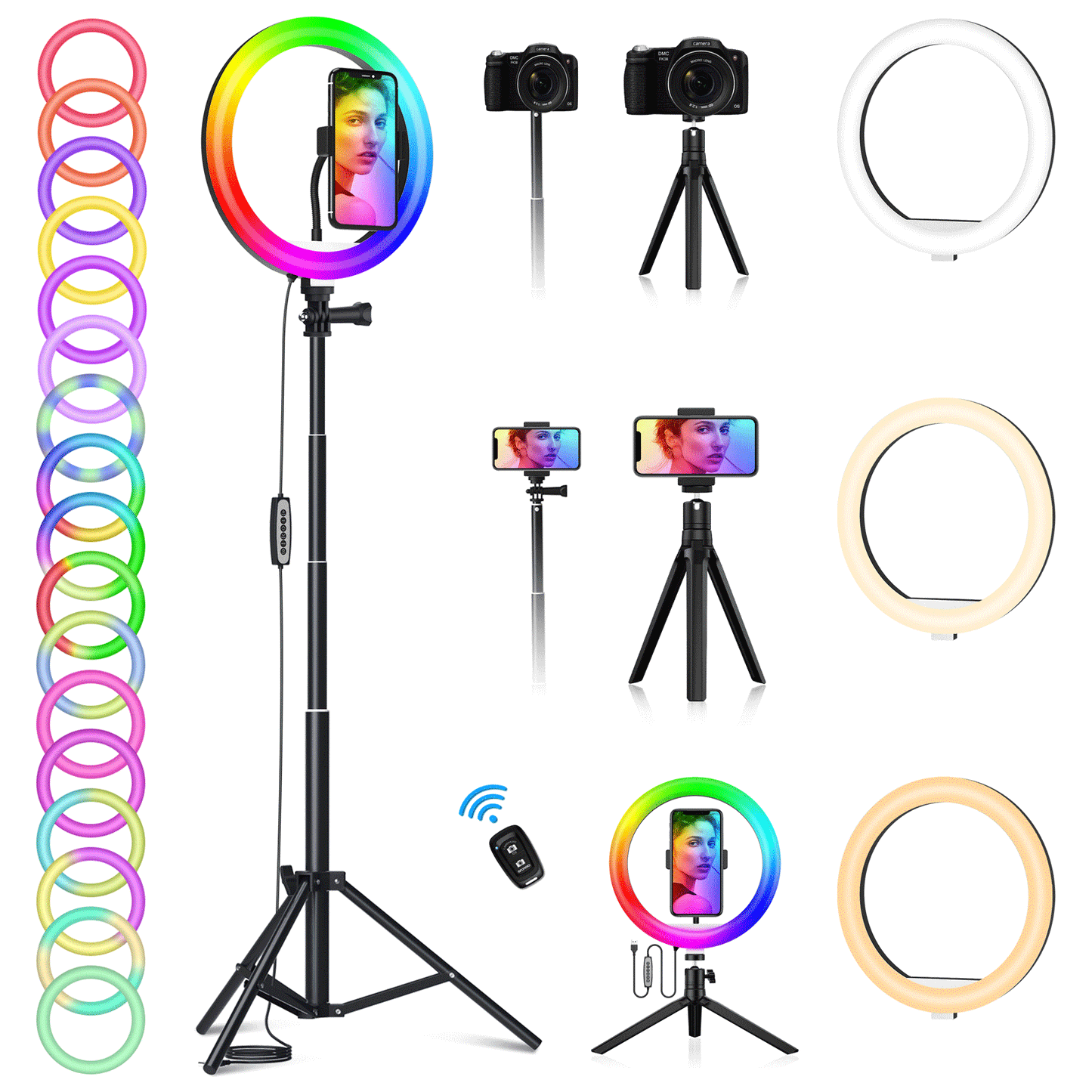 JEEMAK 10" RGB Selfie Ring Light with Tripod/Tabletop Stand Phone Holder, Ringlights with Stand Bluetooth Remote ,35 Colour Changing LED Circle Ring Light for Phone Camera Video Shooting/Photography