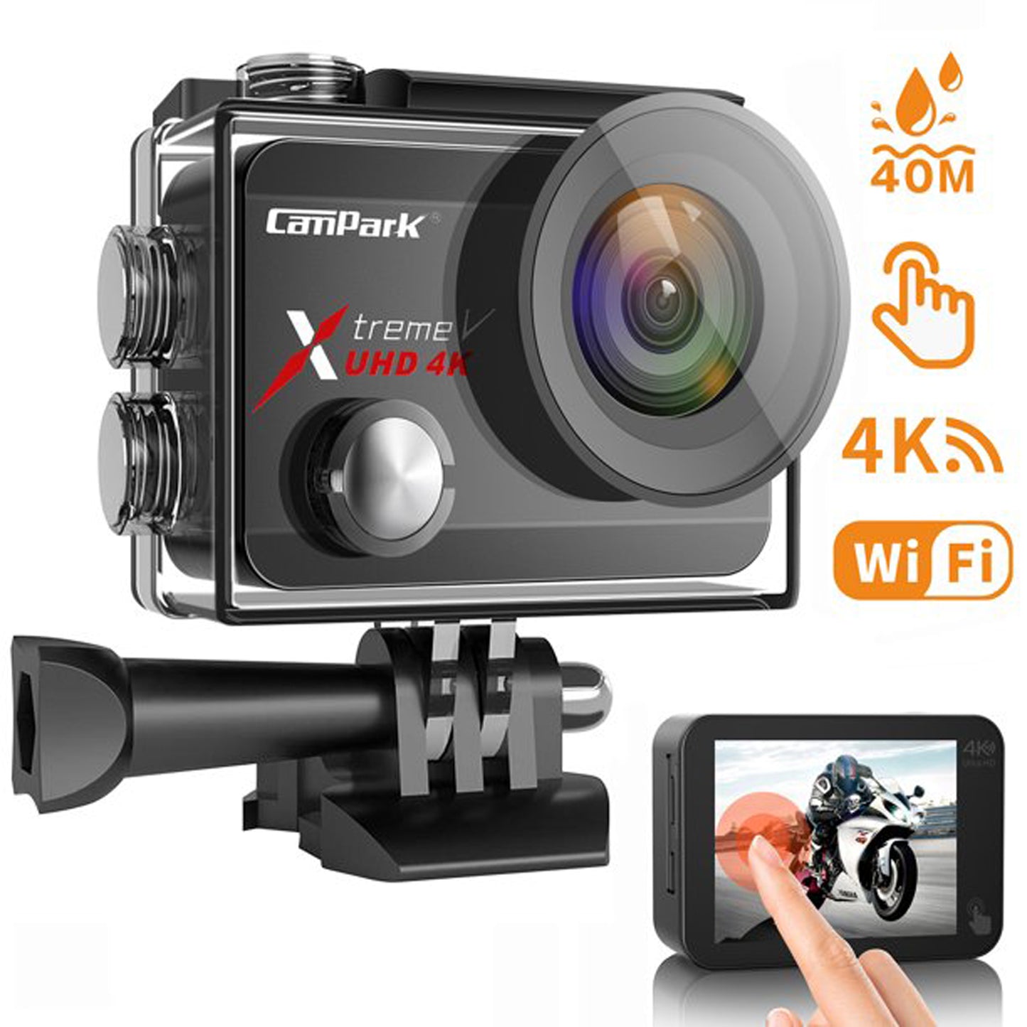 Campark Action Camera 4K 60FPS 20MP Sport camera WiFi Waterproof Underwater Camera 2'' Touch Screen GoPro Compatible Accessories Kits Video Vlogging Record camera