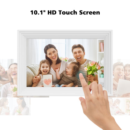 JEEMAK Digital Photo Frame 10.1" WiFi HD IPS Touch Screen Smart Photo Frame Easy Setup to Share Video Clips & Photos Wall Mountable Auto-Rotate White Stripe Color