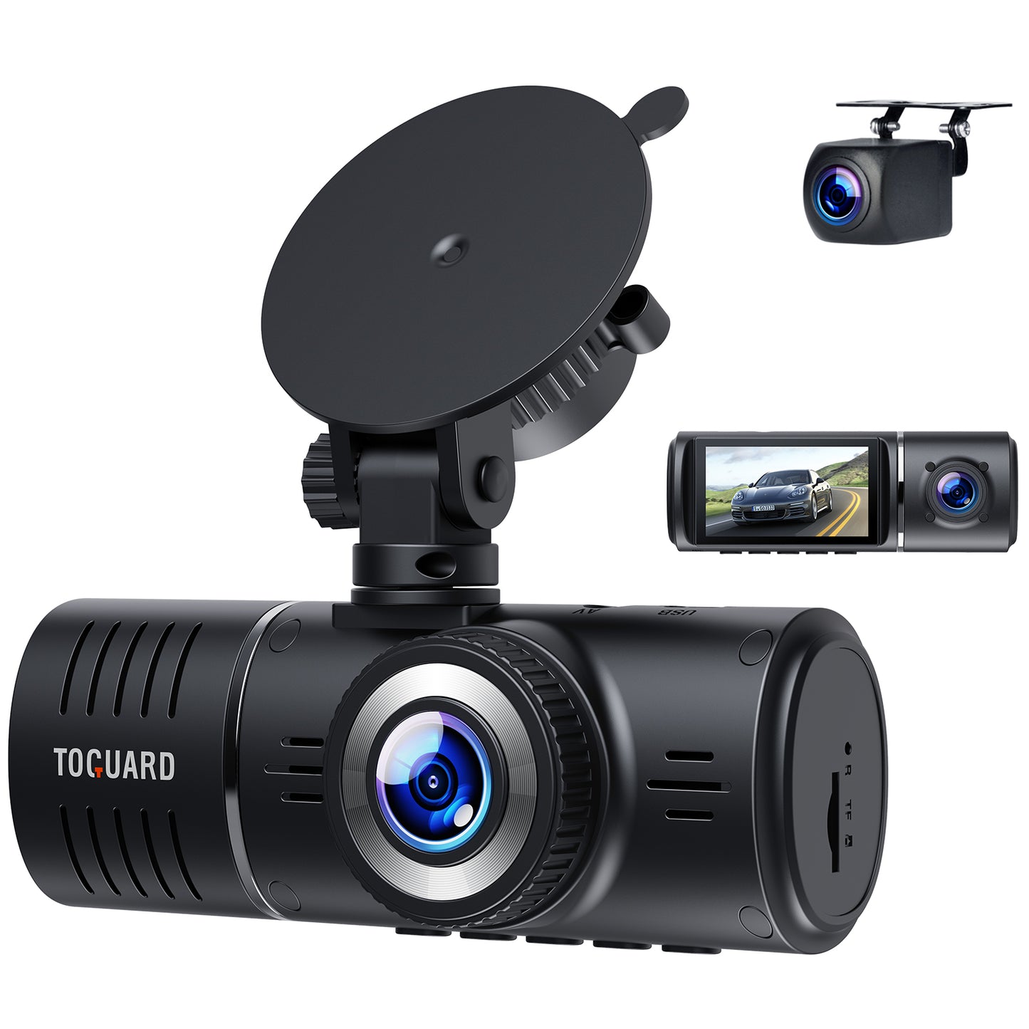 TOGUARD 3 Channel Dash Cam Front and Rear Inside Car Camera 2.45 Inch Dashcam for Cars