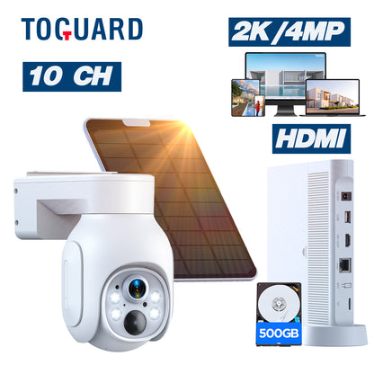 TOGUARD SC23 10CH 4MP Solar Wireless Security Camera System Outdoor Battery WiFi Dome Surveillance Camera NVR HDMI Connector