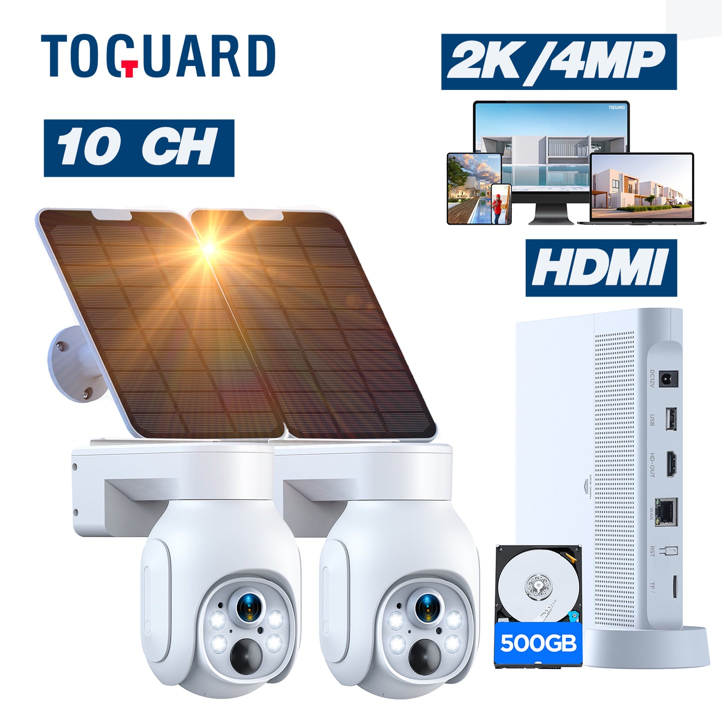 TOGUARD SC23 10CH 4MP Solar Wireless Security Camera System Outdoor Battery WiFi Dome Surveillance Camera NVR HDMI Connector